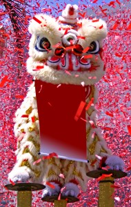 A festive lion dance during a Chinese New Year parade.